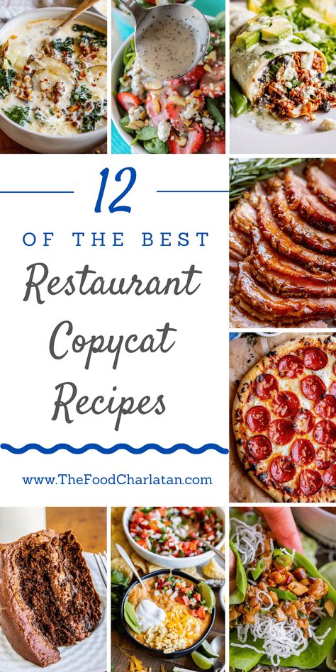 12 Copycat Recipes You Will Love from The Food Charlatan. These copycat recipes will blow your mind! Killer taste and money in your pocket. Plus it's fun eating "better than a restaurant" at home! Not only are they just as delicious as your restaurant standbys, you don't have to leave your house (and they're cheaper, too). Pretend you're eating at Olive Garden, Chili's, P.F. Chang's, Magleby's, Cafe Rio, Buca di Beppo, Pizza Hut, Cafe Zupa's, J. Dawg's, Honey Baked Ham, and Shake Shack. The Palm Restaurant Recipes, A&w Restaurant Food, Restaurant Style Meals At Home, Restaurant Specials Ideas Food, Copycat Restaurant Recipes Chili's, Firebirds Copycat Recipes, The First Year Blog Recipes, Pf Changs Copycat Recipes, Restaurant Style Dinner At Home