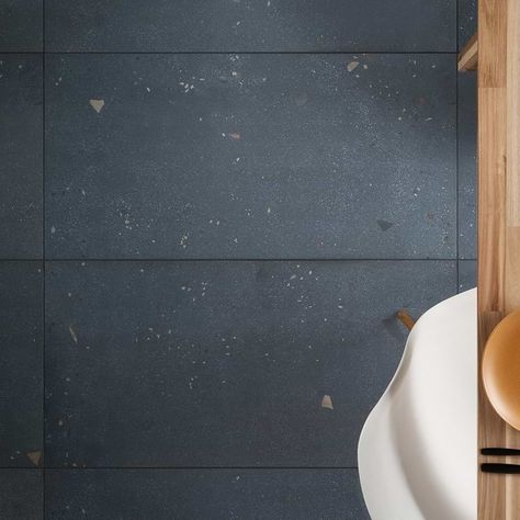 Kobe Cement Ocean Blue 24x48 Terrazzo Look Matte Porcelain Tile Palma Porcelain Tile, Navy Bathroom Floor, Matte Shower Tile Ideas, Cheap Tiles That Look Expensive, Terazzo Bathroom Tile, Kitchen Tiles Backsplash 2024, Tiled Bathroom Walls Fully, Large Tiles In Bathroom, Blue Floor Tile Bathroom