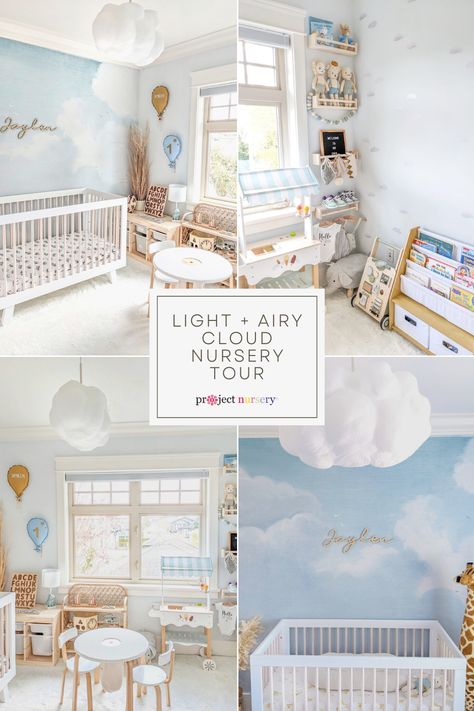 Blue cloud wallpaper mural in bright and airy nursery. Cloud themed nurseries are a perfect gender neutral theme for baby. Blue Cloud Nursery, Cloud Sky Nursery, Clouds Nursery Decor, Diy Cloud Painting On Wall, Nursery Big Room, Cloud Decals Nursery, Nursery Ideas Sky Theme, Clouds For Nursery, Cloud Baby Room Ideas