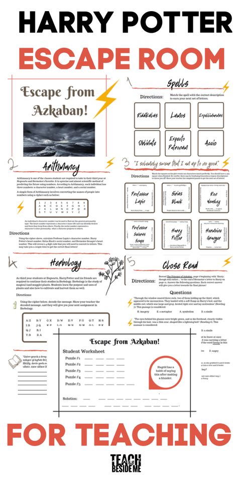 Fun printable Harry Potter Escape Room for teaching~ includes Arithmancy, Spells, Herbology, Reading comprehension and fun puzzles to solve! #harrypotter #reading #homeschool #escaperoom #teachingideas #languagearts Harry Potter Escape Room Diy Free, Harry Potter Word Search Printable, Harry Potter Games Diy, Harry Potter Room Transformation, Escape Room Design Interiors, Harry Potter Lesson Plans, Harry Potter Week, Escape Room Puzzles Printable, Harry Potter Escape Room For Kids