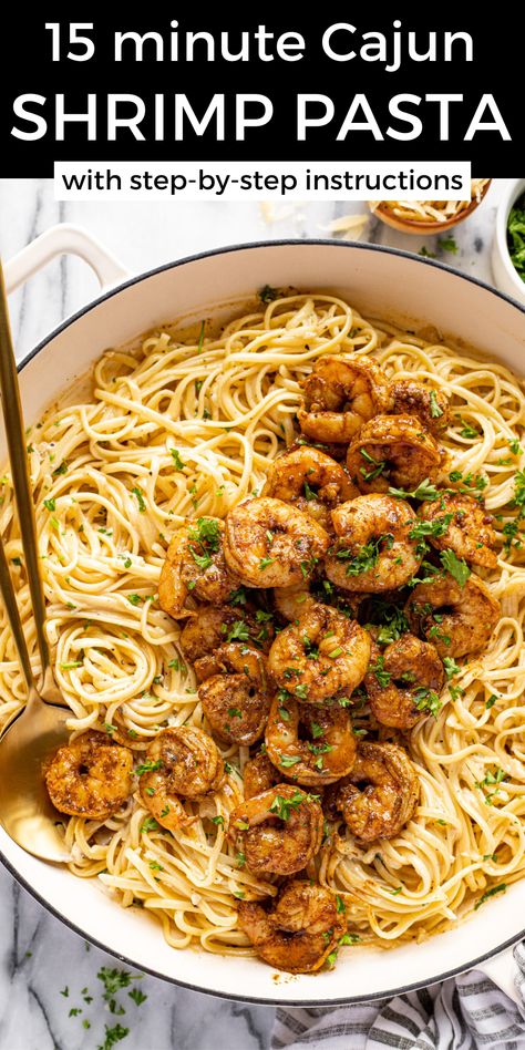 This Cajun shrimp pasta comes together in about 15 minutes (yes, really!) and is made with less than 10 ingredients. Succulent shrimp infused with zesty Cajun spices is served over al dente linguine tossed in a light cream sauce. This meal is easy enough for a weeknight dinner but also fun enough for date night! Mediterranean Baked Cod, Pasta Dishes One Pot, Lemon Butter Fish, Layered Lasagna, Light Cream Sauce, Creamy Cajun Shrimp, Creamy Cajun Pasta, Butter Fish, Creamy Cajun Shrimp Pasta