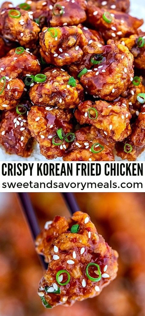 Korean Fried Chicken is coated with an addictive homemade Korean sweet chili sauce that is perfectly crunchy on the outside. Give in to your craving anytime with this easy recipe! #koreanchicken #chickenfoodrecipes #chicken #sweetandsavorymeals #dinnerideas Easy Korean Lunch Recipes, Crunchy Chicken Recipes, Chili Crisp Chicken, Korea Chicken, Korean Fried Chicken Recipe, Sweet Fries, Korean Recipe, Homemade Chinese, Homemade Chinese Food