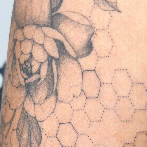 𝐄𝐫𝐢𝐤𝐚 𝐇𝐨𝐥𝐦𝐛𝐞𝐫𝐠 on Instagram: "Honeycomb and a bee added to Kara’s nature sleeve 🐝 . . . . #beetattoo #honeycombtattoo #honeycomb #honeybeetattoo #honeybee #cutetattoo #healedtattoo #freshtattoo #newtattoo #blackandwhitetattoo #boisefinelinetattoos #boisefinelinetattoo #Erikatattooart #tattoo #linetattoo #finelinetattoo #ink #idaho #idahotattoo #tattooboise #boise #boisetattooers #idahotattooers #femaleartist #femaletattooartist #singleneedle #singleneedletattoo #fineline" Honeycomb Filler Tattoos, Fine Line Honeycomb Tattoo, Honeybee Tattoo Honeycomb, Honeycomb Flower Tattoo, Honeycomb Neck Tattoo, Fine Line Honey Bee Tattoo, Honeycomb Tattoo Filler, Tattoo Honeycomb, Half Bee Half Flower Tattoo