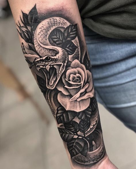 Snake Rose Tattoo Men, Snake And Face Tattoo, Snake Cover Up Tattoos For Women, Tattoo Ideas Snake Rose, Cobra And Rose Tattoo, Snake Sleeve Tattoos For Guys, Snake Arm Sleeve Tattoo, Rose Arm Tattoos For Women Forearm, Cover Up Tattoos Forearm