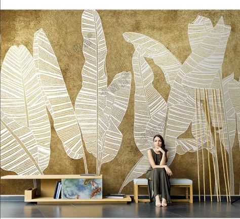 Simple Gold Banana Leaf Wallpaper Wall Mural Home Decor Banana Leaf Mural, Leaf Mural, Banana Leaf Decor, Leaf Wall Decor, Mural Home, Banana Leaf Wallpaper, Leaf Wall, Smooth Walls, Leaf Decor