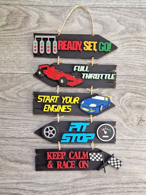 Racing Room Decor, Monster Truck Themed Bedroom, Racing Decorations, Racing Room, Race Car Nursery, Boy Car Room, Car Room Decor, Car Themed Bedrooms, Sons Room