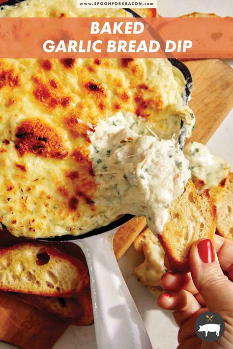 A truly delicious and decadent recipe for Baked Garlic Bread Dip. This rich and creamy dip is reminiscent of cheesy garlic bread and is a perfect game day appetizer! #dip #garlicbreaddip #appetizer #easyrecipe Garlic Bread Dip, Baked Garlic Bread, Homemade Jerky, Spoon Fork Bacon, Delicious Dips Recipes, Bread Dip, Cheesy Garlic Bread, Meat Snacks, Dip Recipes Easy