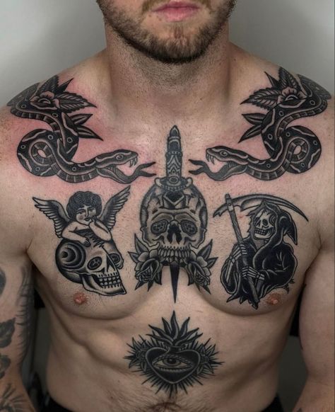 Roman Tattoo Designs Men, Chest Piece Traditional Tattoo, American Trad Chest Tattoo, American Traditional Tattoos Chest Piece, American Traditional Chest Piece, Russian Style Tattoo, American Traditional Chest Tattoo, Traditional Tattoo Torso, Top Of Shoulder Tattoo Men