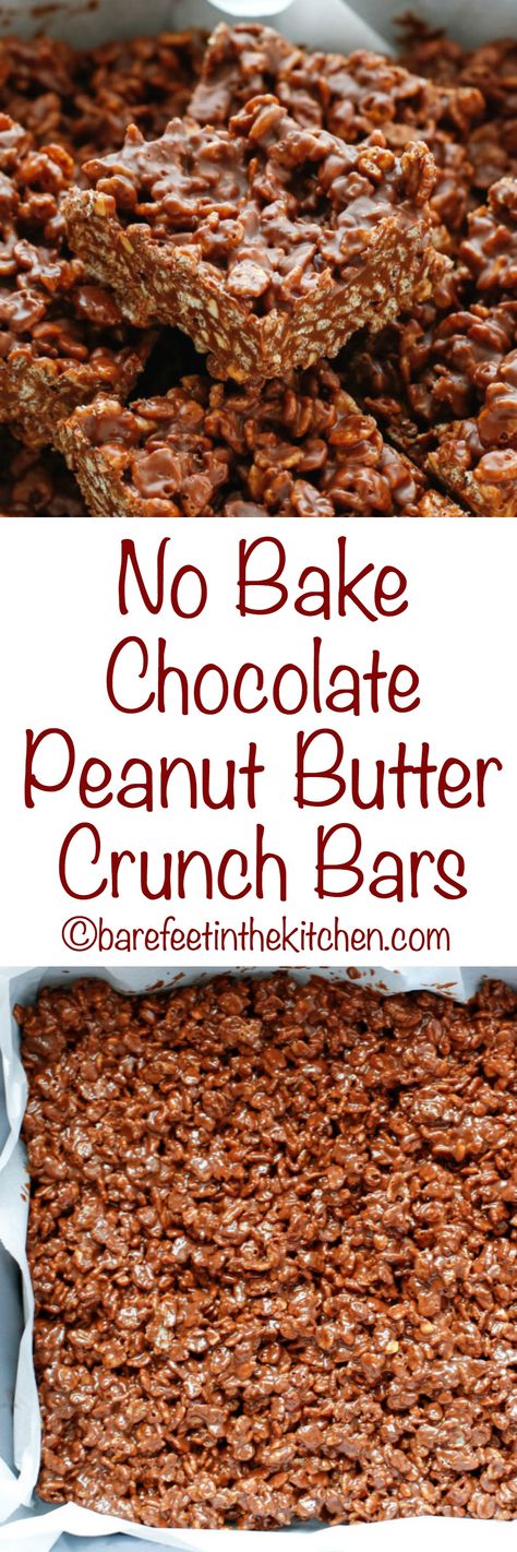 No Bake Chocolate Peanut Butter Crunch Bars - get the recipe at barefeetinthekitchen.com Chocolate Peanut Butter Crunch Bars, Peanut Butter Crunch Bars, Chocolate Crunch Bars, Crunch Bars Recipe, Cereal Bars Recipes, No Bake Chocolate Desserts, Homemade Candy Bars, Butter Crunch, Crunch Bars