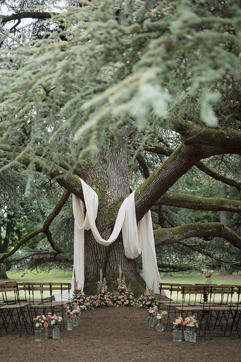 Chateau de Siradan Wedding Award Weddings Tree Ceremony Drapes Flowers Aisle #wedding #ceremony #aisle Small Wedding Aisle Ideas, Wedding Tree Drapery, Aisle Rug Wedding, Intimate Wedding Aisle, Tree House Wedding Ideas, Tree Altar Wedding, Ceremony In Front Of Tree, Willow Tree Ceremony, Thrifted Rug Wedding Aisle