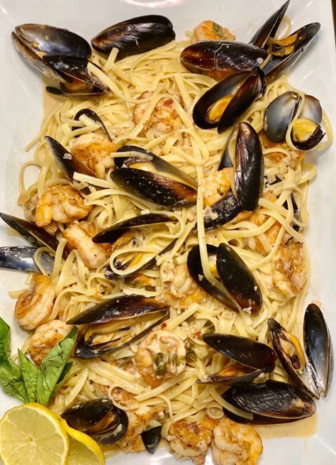 Shrimp and Mussels Pasta Recipe Seafood Pasta With Mussels, Mussels And Shrimp Pasta, Pasta With Mussels And Shrimp, Prawn And Mussel Pasta, Mussels With Pasta Recipe, Linguine With Mussels, Mussel And Shrimp Recipes, Mussel And Shrimp Pasta, Muscles Pasta Recipe