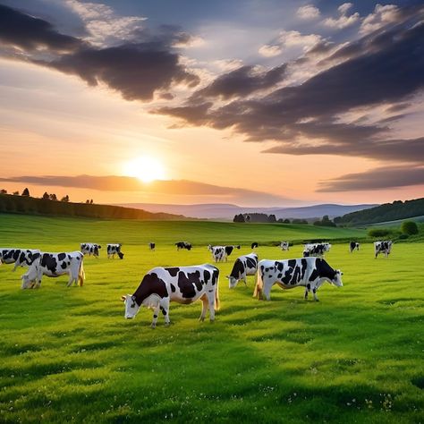 Photo herd of cows grazing on green fiel... | Premium Photo #Freepik #photo Nature, Beautiful Cow Pictures, Photos Of Cows, Cow Field, Milk Poster, Cow Images, Cow Grazing, Herd Of Cows, Cows Grazing