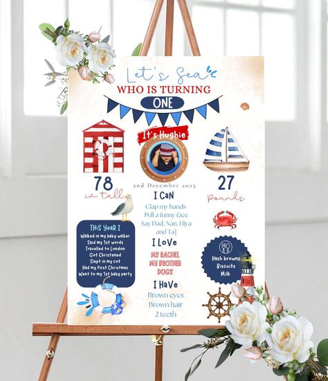 Sailor Theme First Birthday Party, 1 Birthday Party, Nautical First Birthday, First Birthday Board, Sailor Theme, Boat Theme, Party Display, Milestone Board, Party Welcome Sign