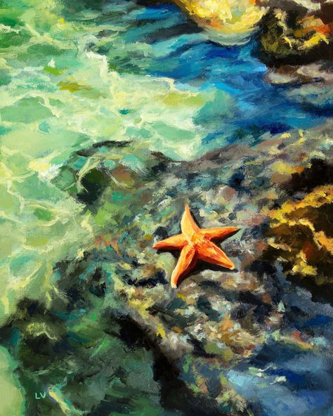 ORIGINAL starfish painting. This is a framed seashore oil painting with a star fish, waves and rocks. This sunny ocean artwork is perfect for a summer beach house or lakehouse decor. It is a great beach lover gift!  🌺 DETAILS: ● This is an ORIGINAL OIL PAINTING on a wood panel. ● 100 % hand painted, not a print. ● Title: 'Summer shore'. ● SIZE: 7 x 9.5 '' (18 x 24 cm). * Larger dimensions under request, contact me if you're interested. ● FRAMED (3 frame colors to choose from: brown, black or wh Sea Life Artwork, Starfish Painting, Seaside Wall Art, Ocean Drawing, Beach Oil Painting, Ocean Artwork, Beach Lover Gifts, Rocky Shore, Beach Lover