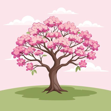 Cherry Blossom Tree Illustration, Sakura Tree Illustration, Pink Tree Drawing, Sakura Tree Drawing, Sakura Illustration, Tree With Pink Flowers, Pretty Posters, Flowers Sakura, Cherry Blossom Drawing