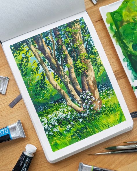 Gouache Painting Techniques, Gouache Landscape, Gouache Tutorial, Dutch Landscape, Paint With Me, Environment Painting, Gouache Illustrations, Posca Art, Twitch Stream