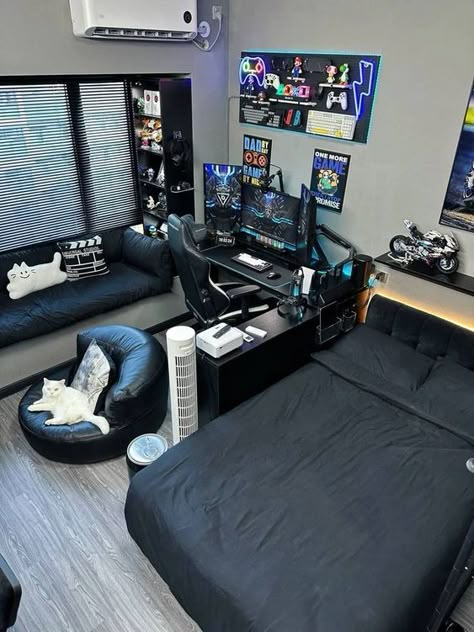 Decoration Ideas Aesthetic, Small Room Setup, Mens Bedroom Decor, Small Game Rooms, Aesthetic Architecture, Bedroom Redesign, Room Decoration Ideas, Home Studio Setup, Cool Room