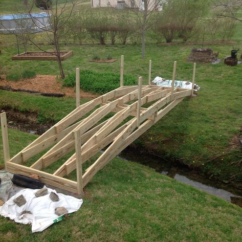 Diy Bridge, Yard Bridge, Backyard Bridges, Wooden Bridge, Backyard Inspo, Backyard Projects, Tile Shower, Wood Bridge, Diy Backyard