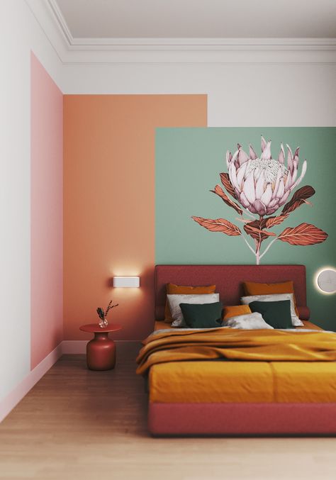 Mural On Grey Wall, Mural On Kitchen Island, Pink Orange Yellow Room Decor, Fun Interior Paint Ideas, Bedroom Ideas Bright Colors, Colorful Wall Paint Ideas, Accent Paint Wall Ideas, Big Empty Wall Ideas Living Room, Simple Wall Murals