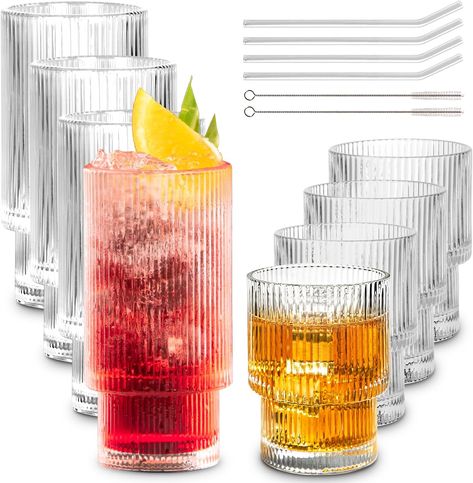 Combler Water Glasses Drinking Set of 8, 4pcs 11oz Glass Cups with Straws & 4pcs 6oz Cocktail Glasses, Cute Small Cups, Ribbed Glassware Sets for Wine Iced Coffee, Kitchen Housewarming Gifts Ribbed Glasses, Glassware Sets, Ribbed Glassware, Glass Cup Set, Drinkware Sets, Ice Wine, Cocktail Glassware, Highball Glasses, Coffee Wine