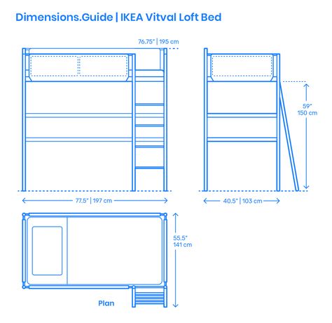 The IKEA Vitval Loft Bed fits into several decor styles and needs that you can dress with different accessories and bedding. It requires anchoring and securing to the wall because of the light construction. The space below the bed provides a cozy spot for many functions. The IKEA Vitval Loft Bed has an overall height of 76.75” (195 cm), width of 40.5” (103 cm), and length of 77.5” (197 cm). There is a clearance of 59” (150 cm) below the top platform. Downloads online #kids #beds #furniture #home Loft Bed Dimensions, Loft Bed Height, Ikea Vitval Loft Bed Ideas, Vitval Bunk Bed Ideas, Vitval Loft Bed Ideas, Vitval Ikea Ideas, Ikea Vitval Loft Bed, Ikea Vitval Bed Hack, Small Room Layouts