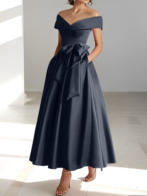 A-Line/Princess Off-the-Shoulder Mother of the Bride Dresses with Pock - Mondressy Mother Of Debutant Dress, Pretty Mother Of The Bride Dresses, Formal Mother Of The Bride Dresses, A-line Dress, Coctail Dresses 2024, Mother Of The Groom Dresses Over 50, Elegant Midi Dress Classy, Mother Of Groom Outfits, Mother Of Bride Dresses