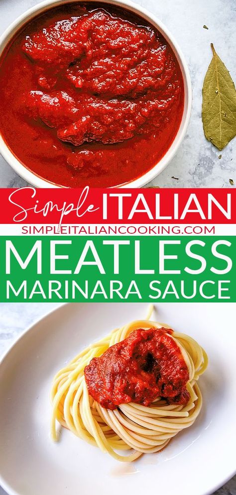 Enjoy this easy Italian meatless marinara sauce. This is a recipe that is simple and uses minimal ingredients. Enjoy this Italian sauce as a base or as it is alone for your pasta.  If you love olive oil, garlic, and tomatoes you'll love this recipe. via @simpleitalian Meatless Spaghetti Sauce Recipe, Italian Marinara Sauce, Making Pasta Sauce, Types Of Pasta Sauce, Pasta With Meat, Italian Cooking Recipes, Easy Marinara Sauce, Marinara Sauce Recipe, Spaghetti Sauce Recipe