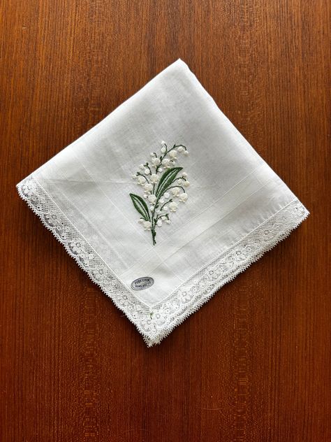 Embroider Handkerchief, Embroidered Lily, Embroidery Handkerchief, Handkerchief Embroidery, Lace Handkerchief, Lily Of The Valley Flowers, Valley Flowers, Embroidered Handkerchief, Vintage Handkerchief