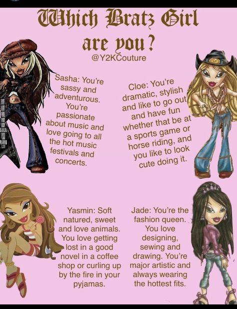 Bratz Dolls Characters Names, Bratz Dolls Aesthetic Quotes, Bratz Characters Names, Bratz Personalities, Brats Fanart, Bratz Art Aesthetic, Bratz Nicknames, 2000s Fashion Bratz, Bratz Yasmin Doll