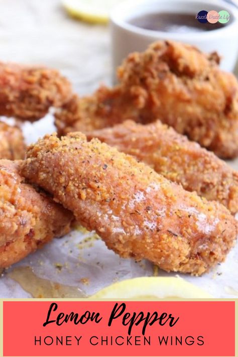 Lemon Pepper Honey chicken wings where the honey is infused with a nice lemon pepper flavor and then drizzled over extra crispy, lightly breaded chicken wings to create the perfect balance of savory sweet! #chicken #lemon #friedchickenrecipes #honey #lemonpepperwings #friedricerecipe #southernrecipes #comfortfoodrecipes #newyearseve Lemon Pepper Chicken Wings Recipe, Lightly Breaded Chicken, Breaded Chicken Wings, Chicken Wing Sauce Recipes, Honey Fried Chicken, Honey Chicken Wings, Chicken Wing Recipes Fried, Honey Chicken Recipe, Lemon Pepper Chicken Wings