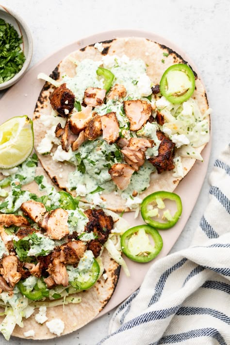 Salmon Jalapeno Recipe, Cilantro Slaw, 2024 Health, Creamy Jalapeno, Salmon Tacos, Spicy Salmon, Fish Tacos, Low Fodmap, Taco Tuesday