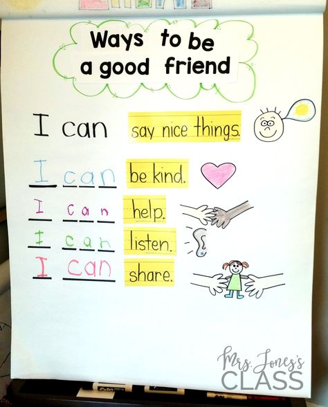 Ways to be a good friend anchor chart-- This unit is perfect for the beginning of the year in Kinder! Behavior Anchor Charts, Preschool Friendship, Anchor Charts First Grade, Friendship Theme, Kindergarten Anchor Charts, Friendship Activities, Be A Good Friend, Interactive Writing, Kindergarten Social Studies