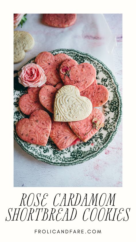 pink marble surface with green vintage plate filled with heart shaped cookies with pink icing and one pale united cookie with embossed pattern Cardamom Shortbread, Cardamom Cookies, Pink Food Coloring, Shortbread Recipes, Edible Gifts, Flower Cookies, Beautiful Cookies, A Match Made In Heaven, Match Made In Heaven