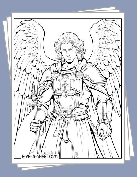 Archangels Coloring Page, St Michael Drawing, Angel Character Design Male, Christian Coloring Pages, Angel Coloring Pages, Saint Michael The Archangel, Printable Prayers, Michael The Archangel, Catholic Crafts