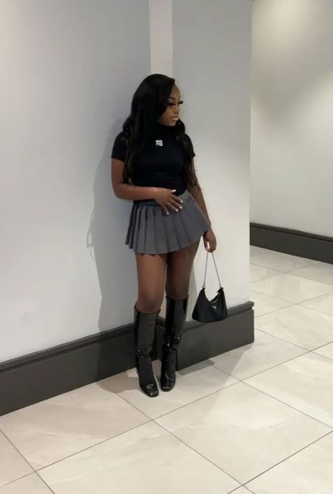 Grey Mini Skirt Outfit Black Women, Calm Birthday Outfits Winter, Bad And Boujee Aesthetic Outfit, Mini Tennis Skirt Outfit Black Women, Poses Skirt Outfit, Pleated Skirt Outfit Baddie, Skirt Bday Outfit, Corset With Skirt Outfits Black Women, Skirt And Heels Outfit Black Women