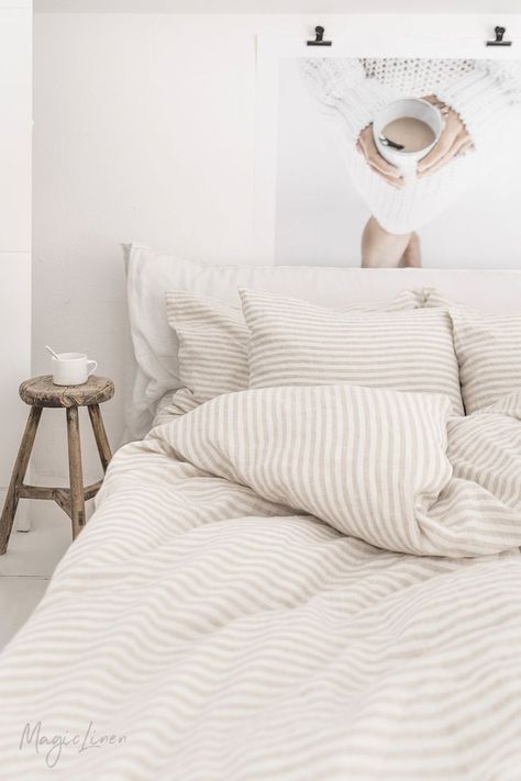 Invite coziness into your bedroom with pure linen bedding in striped in natural. Linen duvet covers, flat and fitted sheets, pillowcases, bed skirts available online > Living Aesthetic, Pure Linen Bedding, Cozy Bedrooms, Coffee In Bed, College House, Linen Sheet Sets, Cat Phone, Linen Duvet Cover, Scandinavian Bedroom