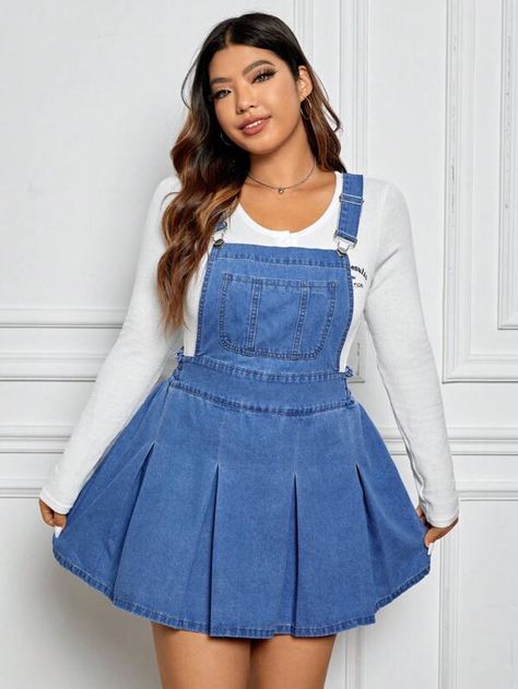 SHEIN EZwear Plus Patched Pocket Pleated Hem Overall Denim Dress Without Tee for Sale Australia| New Collection Online| SHEIN Australia Overall Denim Dress, Denim Pinafore, Overall Skirt, Plus Size Denim, Denim Dresses, Denim Overall Dress, Jeans Diy, Casual Jumpsuit, Cute Simple Outfits