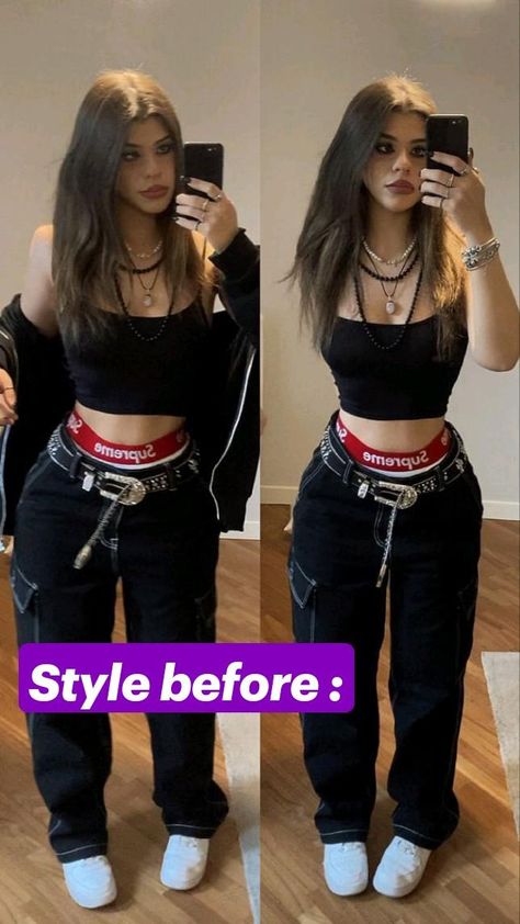 Boxer And Jeans Outfit, Yk2 Style Aesthetic, Black Aesthetic Outfit Girl, Outfit Ideas Yk2, All Black Y2k Outfit, Outfits With Belts And Jeans, Y2k Baggy Jeans Outfit, Grunge Baddie Outfits, Hot Aesthetic Outfits