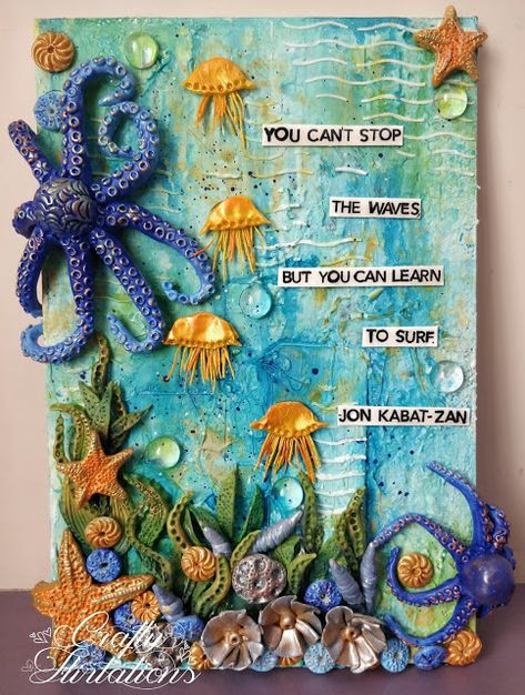 Crafty Flirtations: Beautiful Aquatic Flora and Fauna - Mixed Media Canvs Wave Stencil, Mermaid Books, Textiles Sketchbook, Nautical Painting, Scrapbook Cover, Mixed Media Art Canvas, Mixed Media Crafts, Texture Painting On Canvas, Shell Crafts Diy