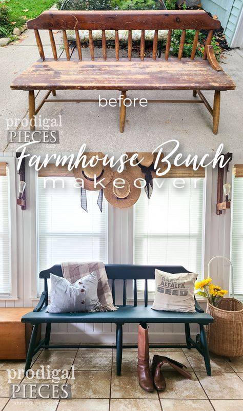 Vintage Bench Makeover, Wood Bench Refurbish, Deacons Bench Makeover, Bench Makeover Wooden, Old Bench Makeover, Wooden Bench Makeover, Bench Refurbish, Refinished Bench, Bench Restoration