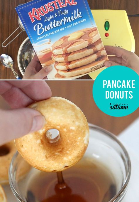 Pancake donuts are a fun, easy breakfast idea for kids! Gabby Crafts, Mini Donut Maker Recipes, Donut Maker Recipes, Mini Donut Maker, Krusteaz Pancake Mix, Mini Donut Recipes, Cake Mix Donuts, Mini Donuts Maker, Cake Pop Maker