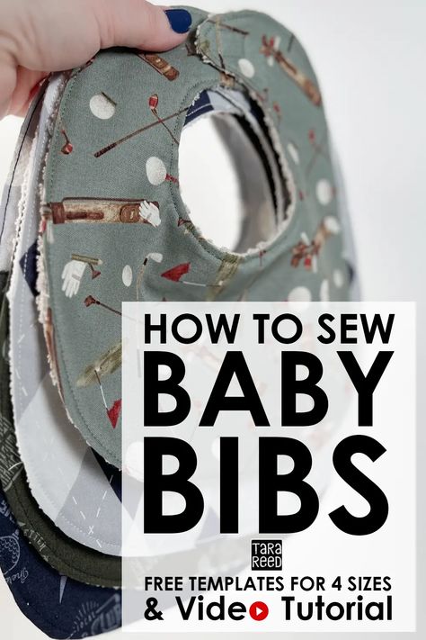 Sewing for Baby: How to Sew Baby Bibs in 4 sizes. Includes free templates and a video tutorial, a great sewing project for baby shower gifts. DIY Baby bib pattern free - great sewing for baby ideas and sewing projects for baby shower gifts. Tutorial uses Golf Days fabric by Tara Reed for Riley Blake Designs Baby Gifts To Sew Free Patterns, Bandanna Bibs Diy Free Pattern, Couture, Baby Taggies Diy Free Pattern, Diy Bibs Baby, Bib Patterns Free Baby, Bib Template Free Pattern, Baby Bib Patterns Free Templates, Homemade Baby Gifts For Boys