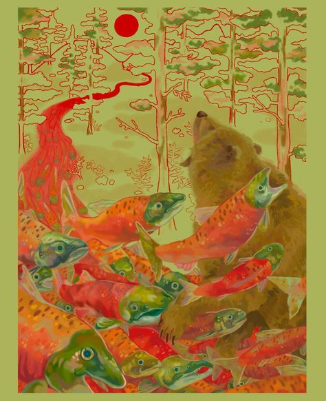 ellis on Instagram: “Salmon run 🎏 one of my final pieces for my intro to illustration class with @tedmichalowski :) We were challenged to take an editorial and…” Editorial Art Illustrations, Salmon Run Aesthetic, Splatoon Salmon Run Art, Final Piece Art, Salmon Reference, Salmon Aesthetic, Salmon Painting, Salmon Illustration, Salmon Drawing