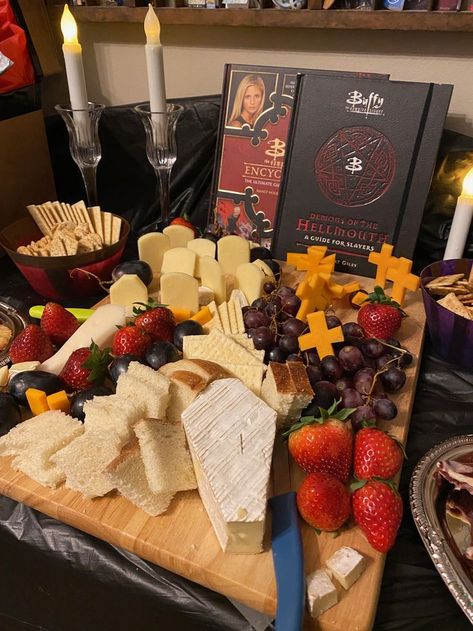 Buffy The Vampire Slayer Party Ideas, Buffy Party Ideas, Buffy The Vampire Slayer Birthday Party, Twilight Charcuterie Board, Buffy Birthday Party, Twilight Themed Dinner, Vampire Charcuterie Board, Vampire Themed Snacks, Twilight Marathon Snacks