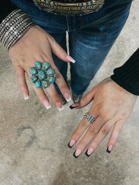 Western Bling Nails, Plain Western Nails, Western Red Nails, Nails Acrylic Western, Western Almond Nails, Simple Country Nails, Red Western Nails, Punchy Western Nails, Turquoise Acrylic Nails