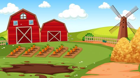 Farm scene in nature with barn | Free Vector #Freepik #vector #freetree #freehouse #freenature #freecartoon Farm Scenery, Farm Cartoon, Forest Cartoon, Doodle Characters, Free Cartoons, Farm Scene, Cartoon Background, Graphic Editing, Cartoon Images