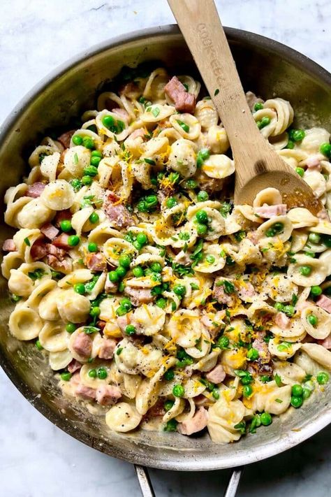 Creamy Lemon Pasta with Ham and Peas | foodiecrush.com Pea Ham Pasta, Ham Pea Pasta, Pea And Ham Pasta, Ham Peas Pasta, Ham And Peas Pasta, Pasta With Ham And Peas, Ham Pasta Recipes, Ham Peas And Pasta, Sides Potatoes