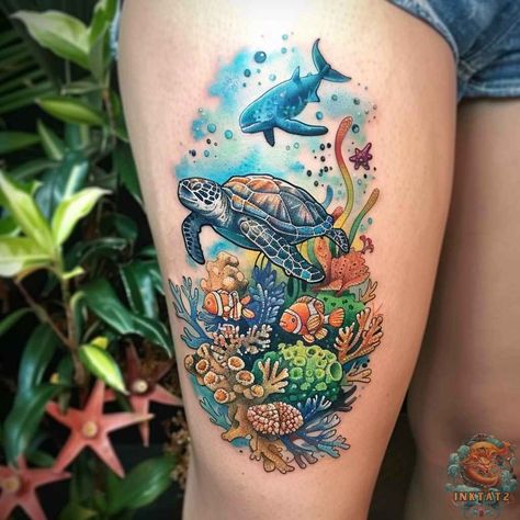 Marine Life Tattoo, Bright Colorful Tattoos, Coral Tattoo, Sea Turtle Tattoo, Turtle Tattoo Designs, Dragon Tattoo Art, Arm Tats, Sea Tattoo, Whale Tattoos