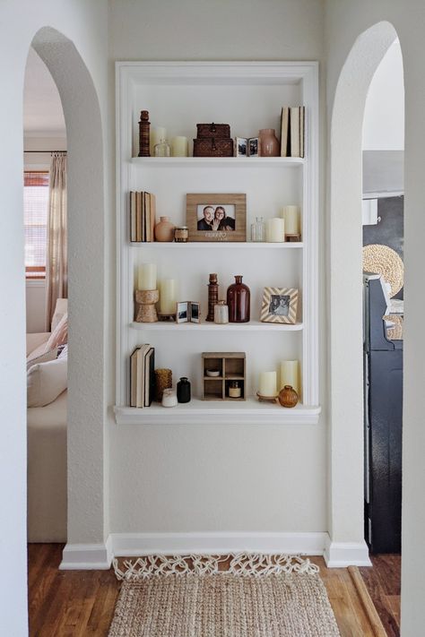 Corner Built In Shelves, End Of Hallway Ideas, Upstairs Hallway Decor, End Of Hallway Decor, Hallway Shelving, End Of Hallway, Built In Wall Shelves, Built In Shelving, Hallway Shelf