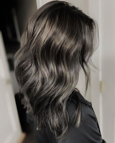 Black Hair with Gray Babylights Light Brown Hair Grey Highlights, Black Hair Going Grey, Highlights To Hide Gray Hair Brunettes, Grey Blending Highlights Dark Brown, Ash Grey Hair, Gray Blending, Grey Blending, Gray Highlights, Gray Balayage